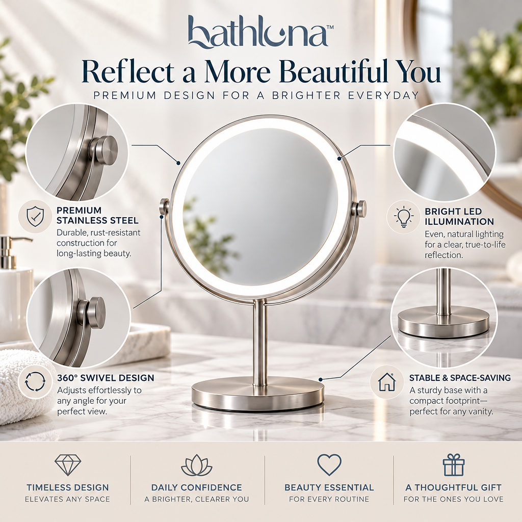 bathluna™ Cosmetic Mirror with Elegant Beauty Care & Modern Vanity Style