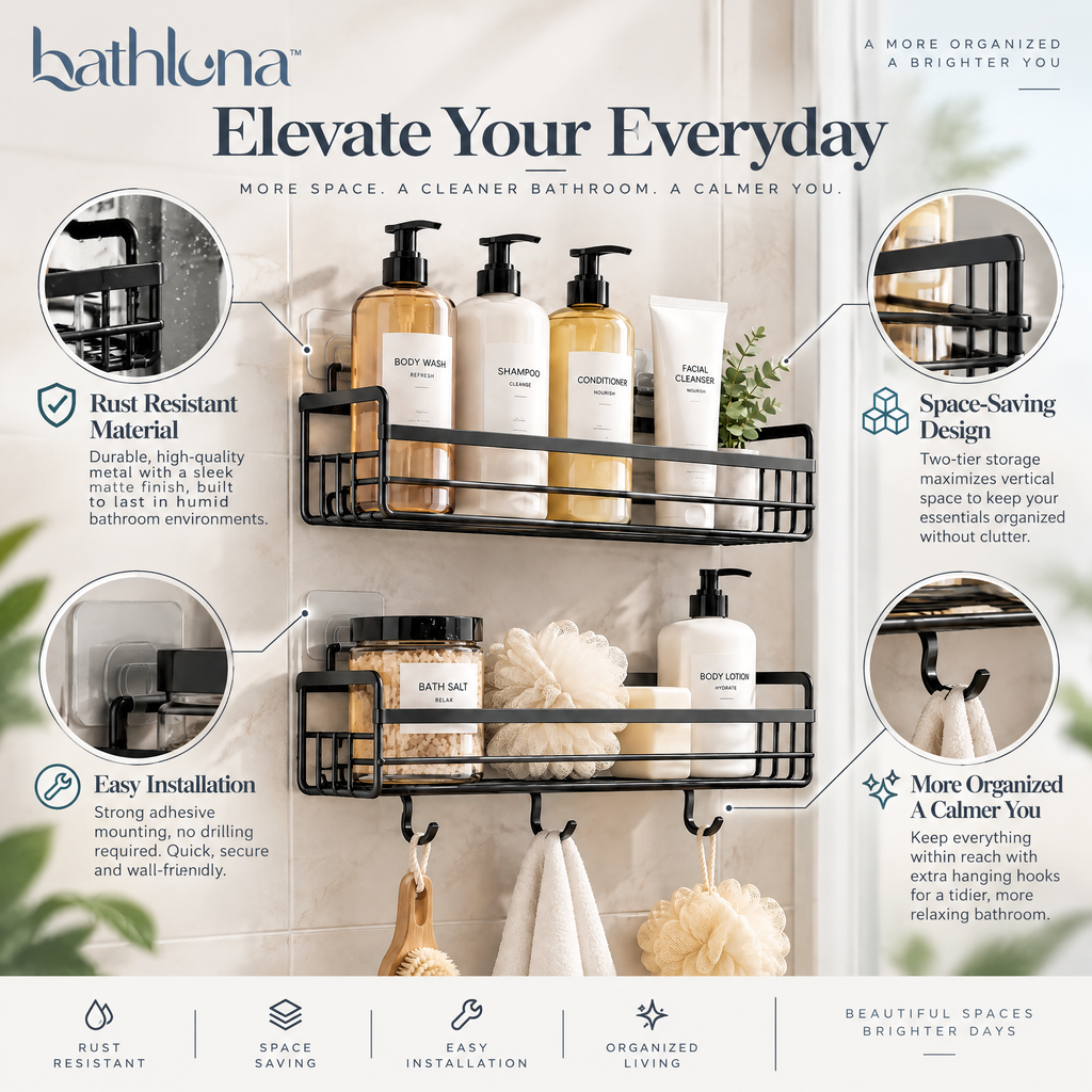 bathluna™ Shower Caddy Organizer with Modern Bathroom Storage & Space Organization